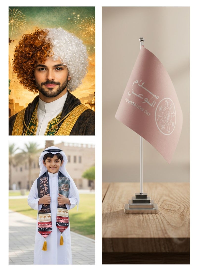 Premium 3 Items Foundation Day 1727 Wig, Scarf & Flag with Base Combo - Image 3
